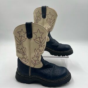 Cimarron big kids size 3.5 boots.‎ Blue cream and red. 10” high Rubber sole.